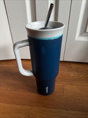 Owala Blue Travel Mug with White Handle and Lid